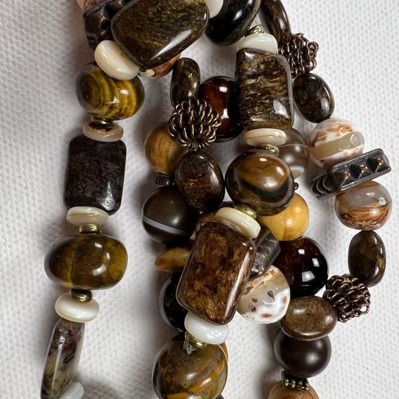Handmade Beaded Bracelet Trio Chunky Brown Earth Tones Mixed Metals Wood - Picture 5 of 7